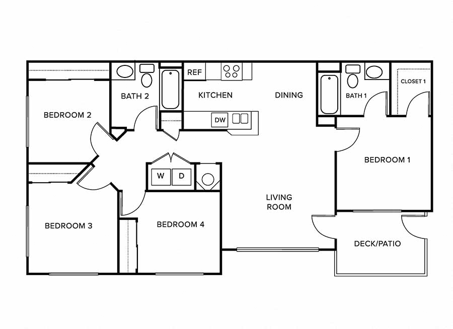Floor plan for 4 beds, 2 baths, 1245 sqft